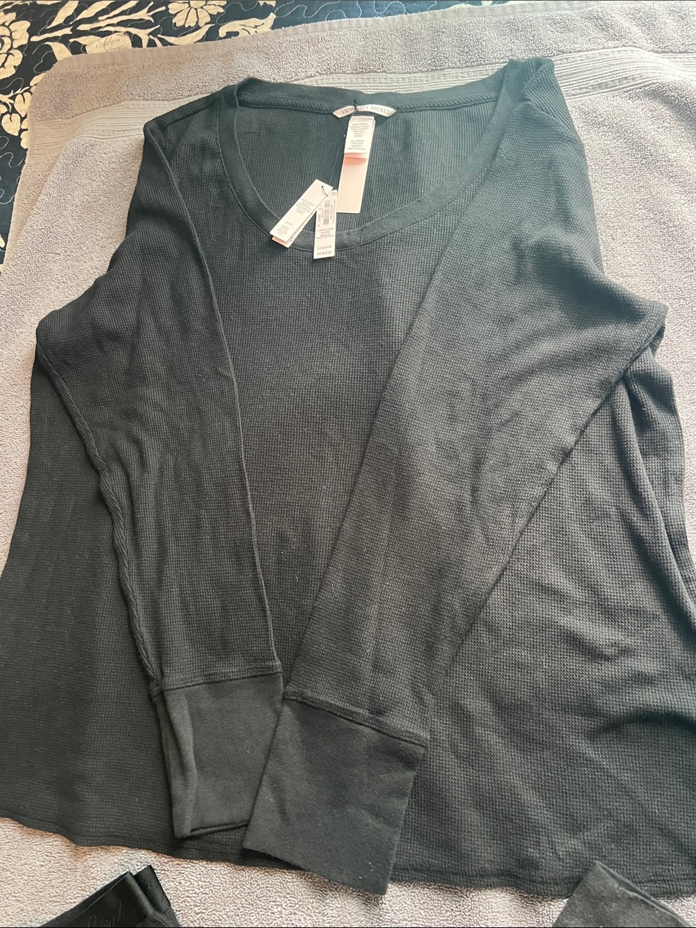 Victoria's Secret Black Waffle-Knit Long Sleeve Top